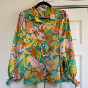 Pink Lily Long Sleeve Floral Button Down Blouse Size Small